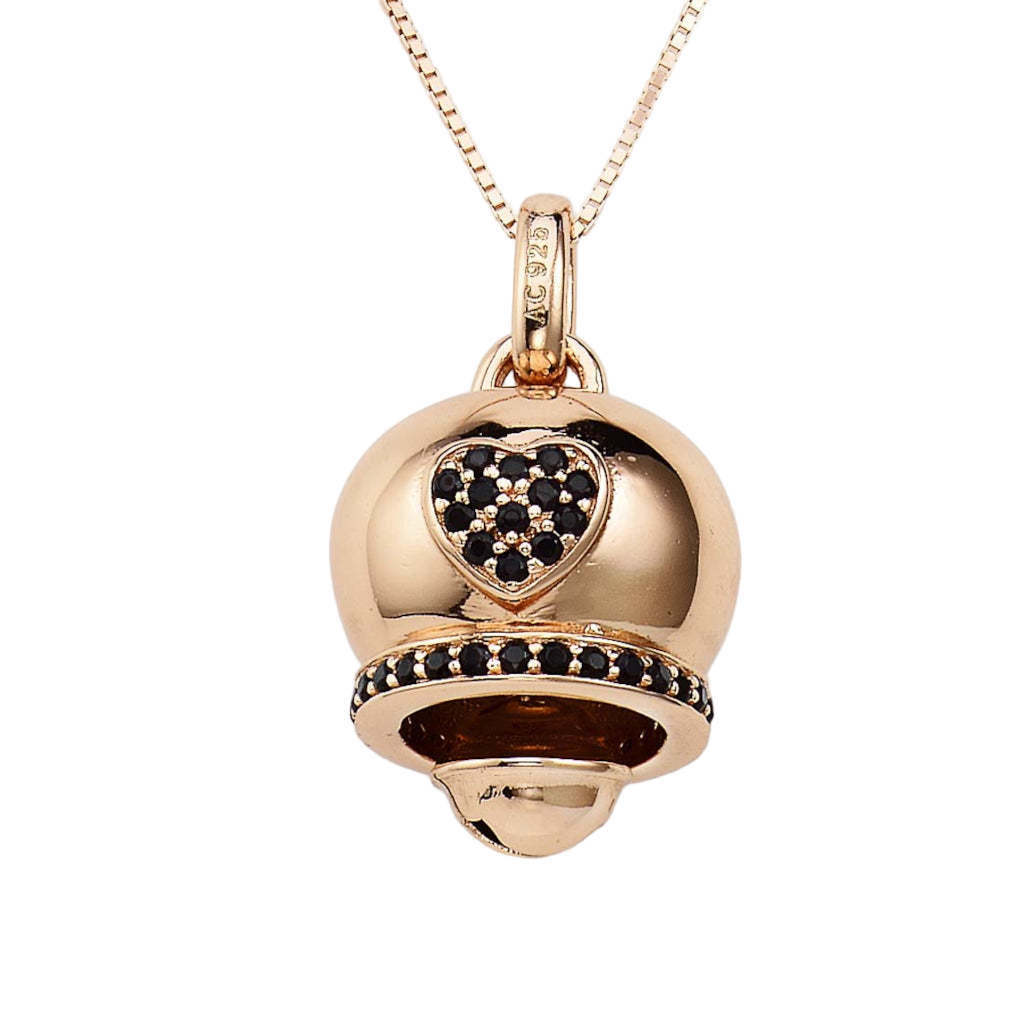 Rose gold silver bell pendant with heart-shaped black stones and lower band accents; polished finish and box-style golden silver chain 金色银铃铛吊坠,心形黑色宝石与下方饰带设计,抛光表面,配方形金色银链