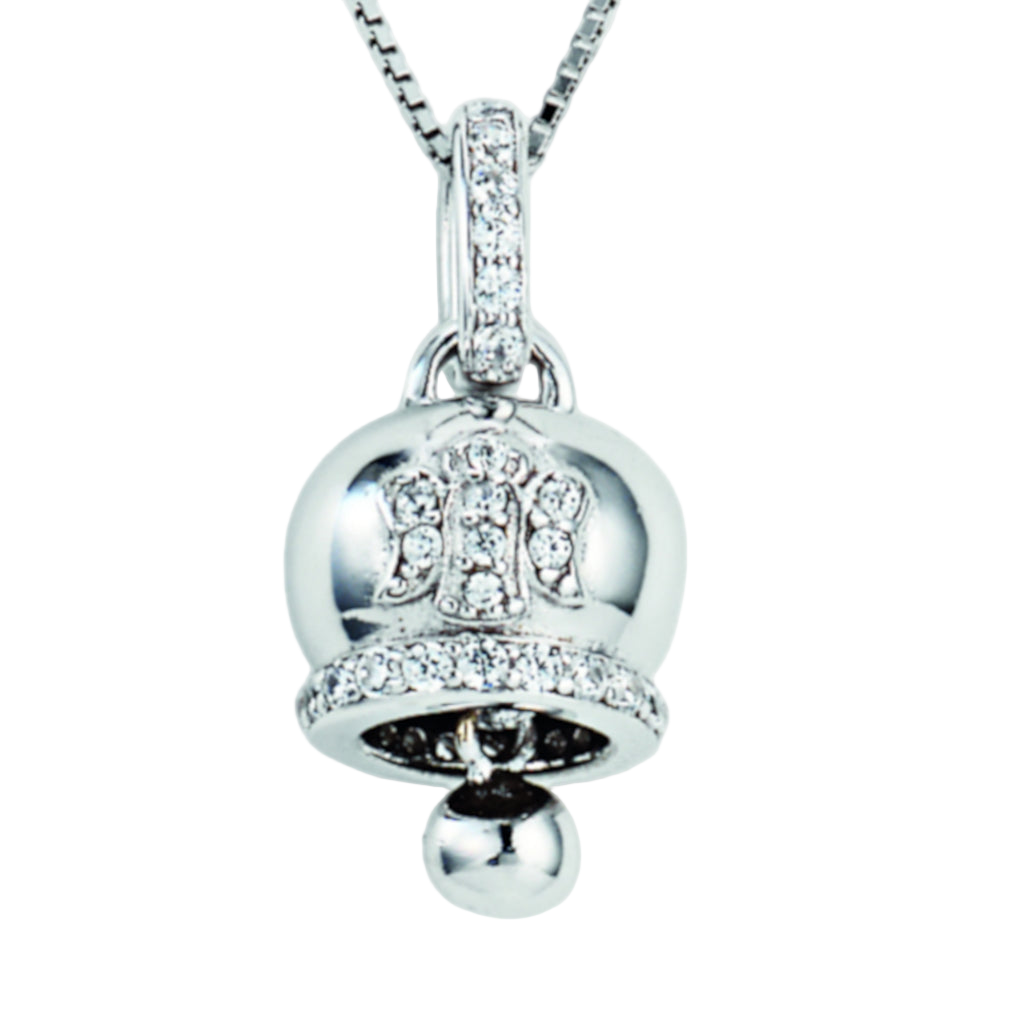 Sterling silver bell pendant with pavé-set zirconia and angel figure; diamond-patterned surface and stone-encrusted loop on silver chain | 925纯银铃铛吊坠,铺镶锆石天使图案,钻石纹理设计,连接环镶嵌锆石,配银色项链