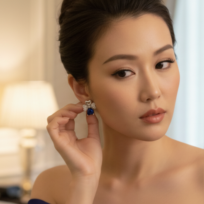 A person adjusts a blue earring while looking into an ornate gold-framed mirror, set in a softly lit, elegant room with plush bedding and a warm lamp—capturing a refined moment of personal style and quiet preparation. 一位人物在柔和灯光下对镜整理蓝色耳饰,背景为精致金框镜子、高级床品与温暖台灯,呈现出优雅氛围与静谧的造型时刻。
