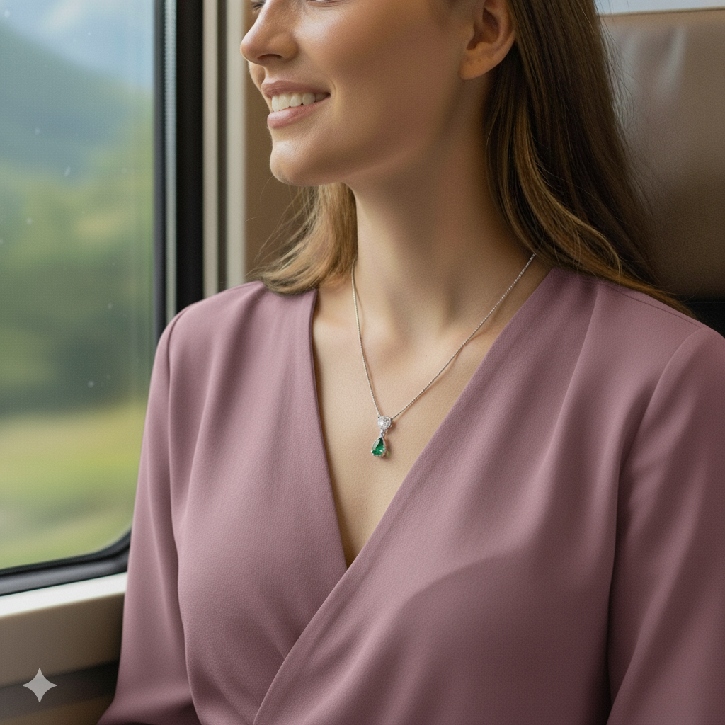 Woman in mauve blouse with green pendant necklace sitting by a train window, smiling peacefully while gazing at scenic mountain and forest views. Captures serene travel moment, fashion detail, and natural beauty. Ideal for lifestyle, travel, fashion, and mindfulness content. 一位身穿紫红色上衣、佩戴绿色吊坠项链的女子坐在火车窗边,微笑凝视窗外的山林美景,画面宁静祥和。展现旅行瞬间、时尚细节与自然之美,适用于生活方式、旅行、时尚与冥想类内容。