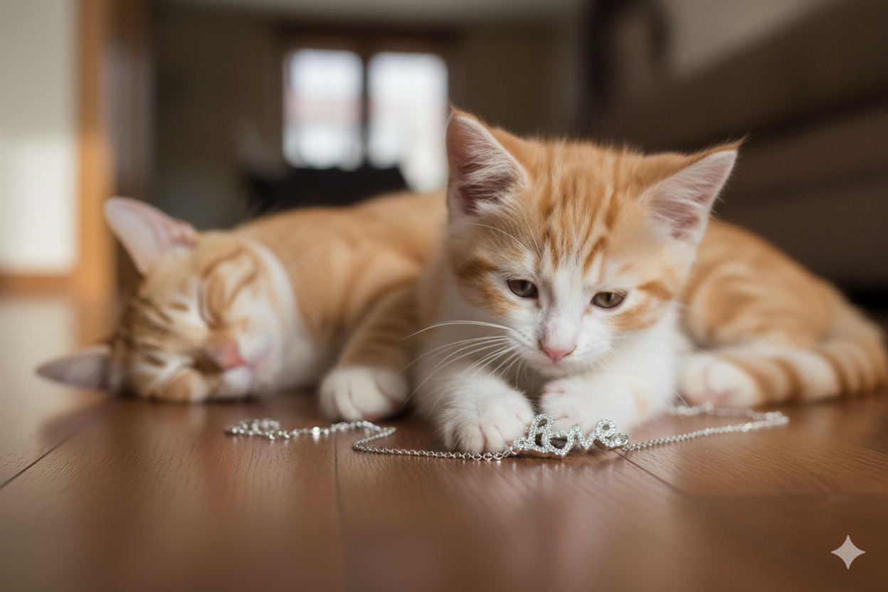 Playful orange and white kitten interacting with a silver "love" bracelet on a wooden floor, capturing warmth and elegance from Avenda Jewelry’s romantic collection. 一只橘白色小猫在木地板上玩耍银色“love”字母手链,展现Avenda珠宝浪漫手链系列的温馨与优雅。