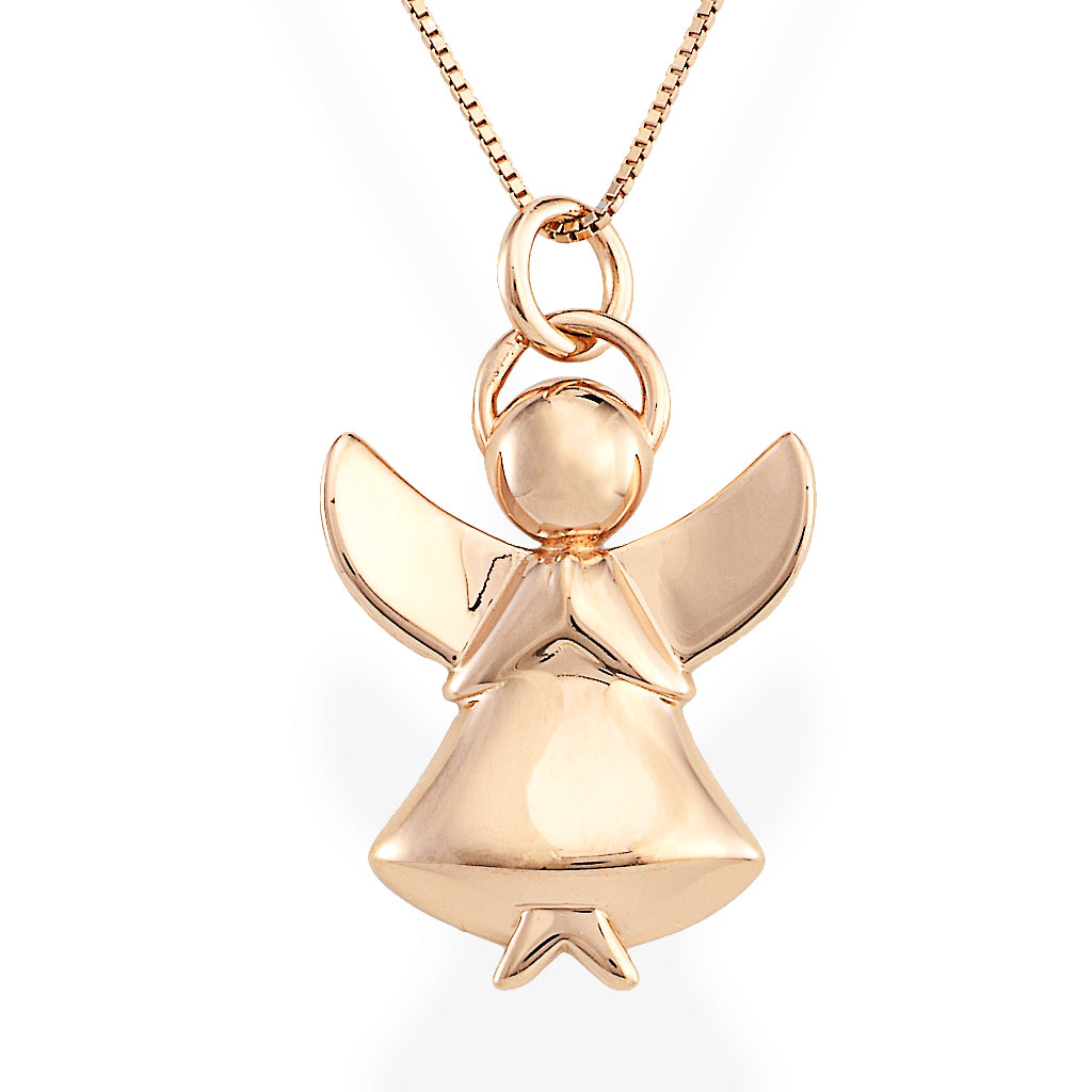 925 sterling silver rose gold angel pendant necklace with zirconia pavé setting, halo, wings, and dress-like body | 925纯银玫瑰金天使吊坠项链,密钉镶嵌锆石,光环翅膀裙摆造型