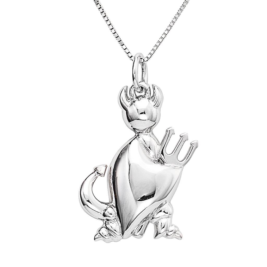 925 sterling silver devil pendant with zirconia stones, polished finish, box link chain, featuring horns, tail, and trident | 925纯银恶魔吊坠,镶嵌锆石,镜面抛光,盒形链条,含犄角、尾巴与三叉戟设计