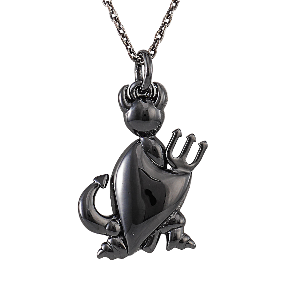 925 sterling silver devil pendant with zirconia stones, cartoon horns, tail, and trident on silver chain | 925纯银恶魔吊坠,镶嵌锆石,卡通犄角、尾巴与三叉戟,搭配银链