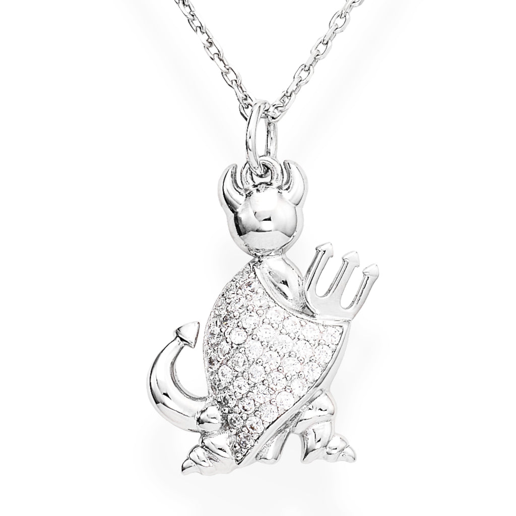 925 sterling silver devil pendant with pavé-set zirconia stones, featuring horns, tail, and trident on a silver chain | 925纯银恶魔造型吊坠,镶嵌锆石,配有犄角、尾巴与三叉戟,搭配银链条