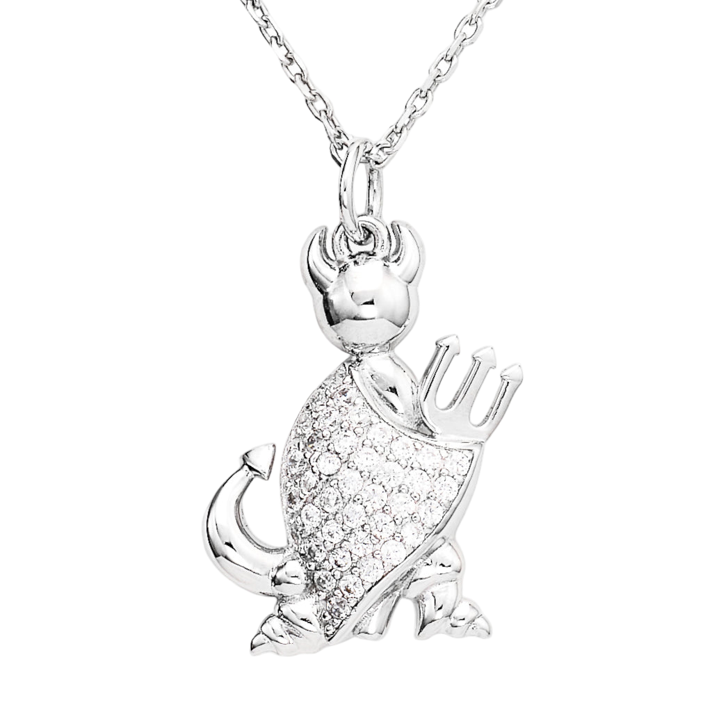 925 sterling silver devil pendant with pavé-set zirconia stones, featuring horns, tail, and trident on a silver chain | 925纯银恶魔造型吊坠,镶嵌锆石,配有犄角、尾巴与三叉戟,搭配银链条