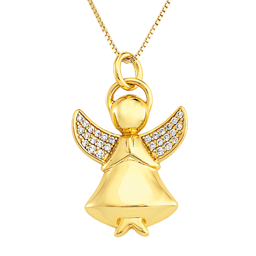 Rose gold 925 sterling silver angel pendant with zirconia wings, halo detail, polished finish, attached to gold chain | 玫瑰金925纯银天使吊坠,翅膀镶嵌锆石,配光环,镜面抛光,连接金色项链