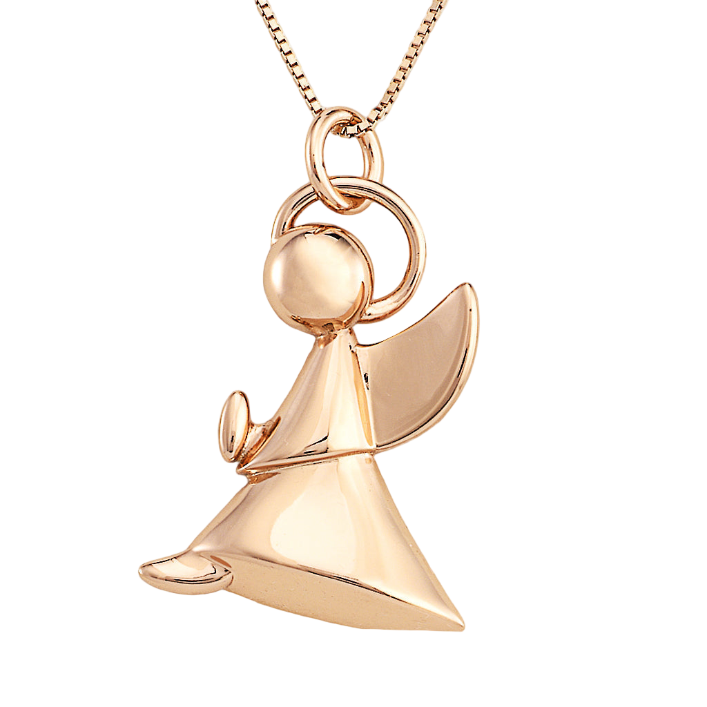 Rose gold angel pendant in 925 sterling silver with zirconia pavé wings and robe silhouette, halo detail, on gold chain | 玫瑰金925纯银天使吊坠,翅膀密钉镶嵌锆石,长袍造型,光环设计,配金色项链