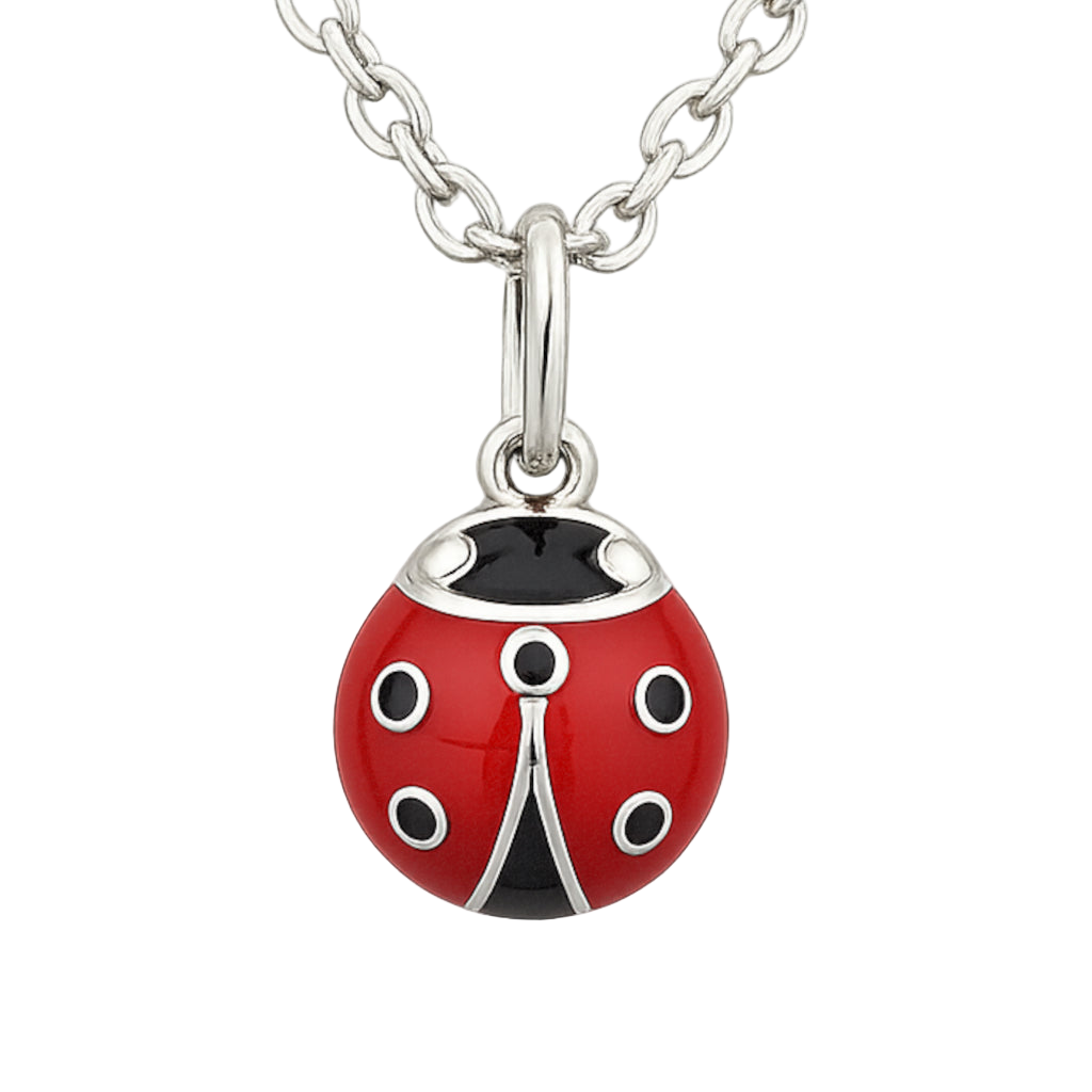 Ladybug-shaped 925 sterling silver pendant with red and black enamel detailing, polished finish silver chain | 红黑珐琅瓢虫造型925纯银吊坠,抛光处理,搭配银链条