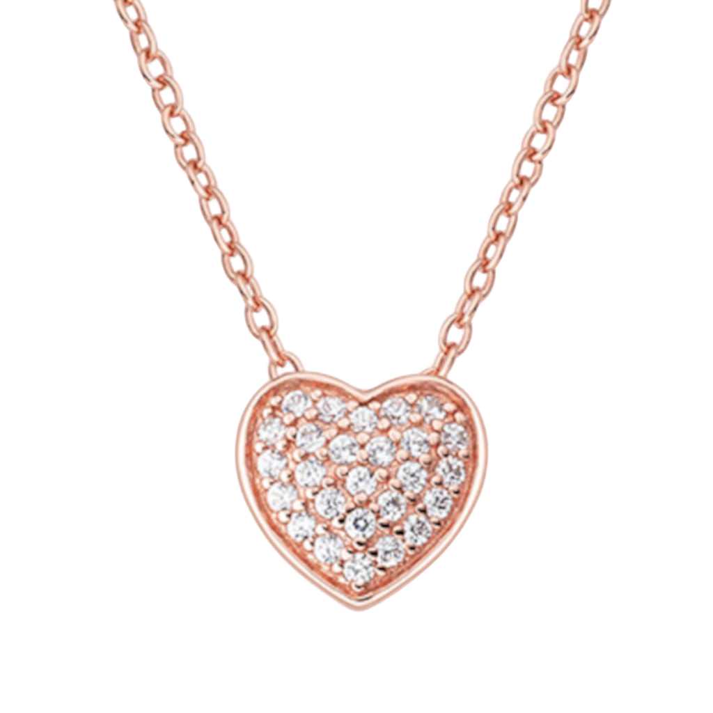 Rose gold heart pendant necklace with pavé-set zirconia on 925 sterling silver chain | 玫瑰金心形吊坠项链,密镶锆石,925纯银链条,设计精致闪耀