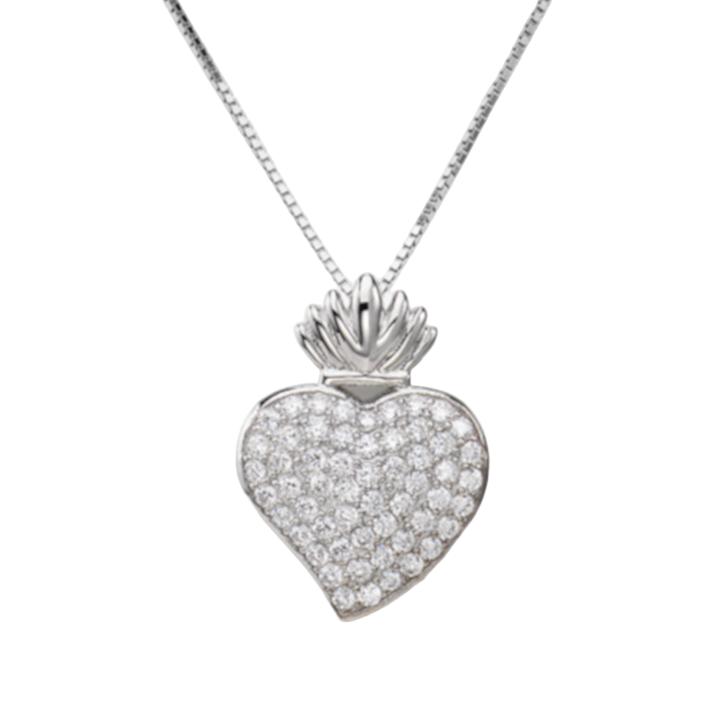 925 sterling silver heart pendant necklace with pavé-set zirconia stones and crown detail, rose gold or silver finish 925纯银心形吊坠项链,密镶锆石,皇冠造型,银色表面处理
