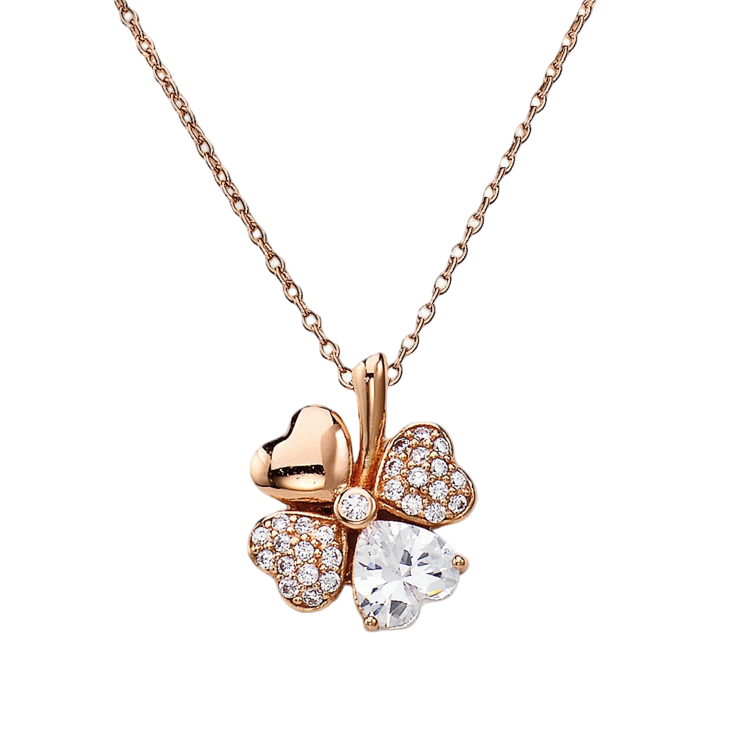925 sterling silver rose gold four-leaf clover pendant necklace with zirconia stones, pavé and prong-set, heart-shaped motif | 925纯银玫瑰金四叶草吊坠项链,锆石密钉与爪镶,心形设计
