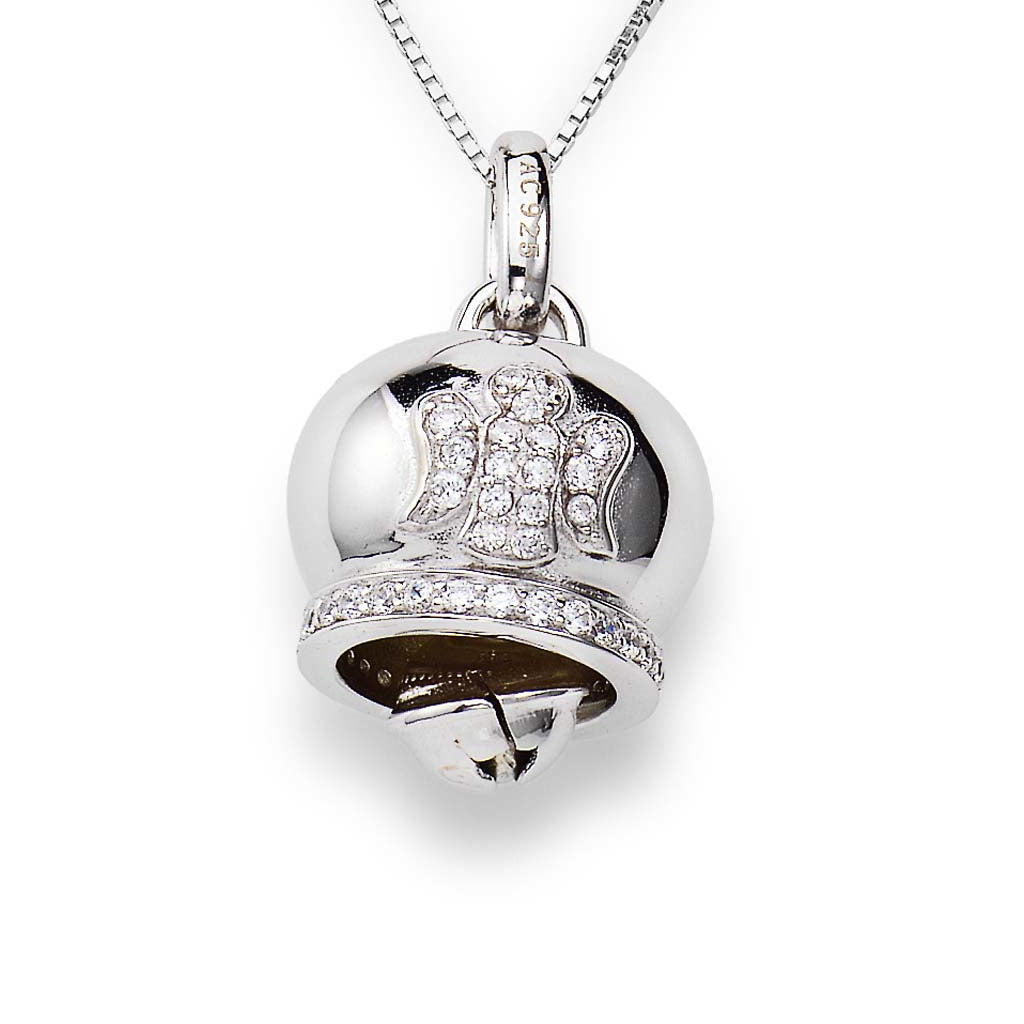 925 sterling silver bell pendant with pavé zirconia angel motif, polished finish, and AG 925 engraving on silver chain | 925纯银铃铛吊坠,密钉锆石天使图案,高亮抛光处理,AG 925刻字,搭配银链