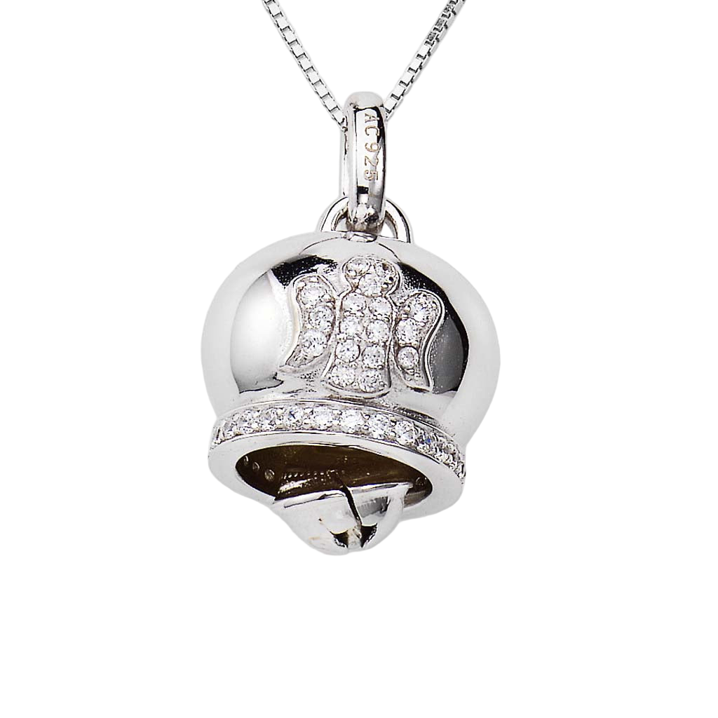 925 sterling silver bell pendant with pavé zirconia angel motif, polished finish, and AG 925 engraving on silver chain | 925纯银铃铛吊坠,密钉锆石天使图案,高亮抛光处理,AG 925刻字,搭配银链