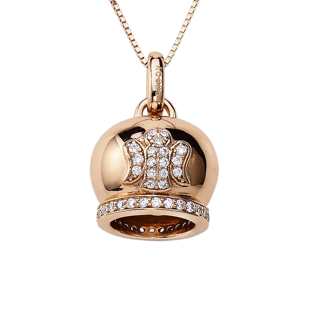 Rose gold 925 sterling silver bell pendant necklace with pavé-set zirconia stones and engraved angel symbol, polished finish and box chain 玫瑰金925纯银铃铛吊坠项链,密钉镶嵌锆石,刻有天使图案,抛光表面与盒式链条