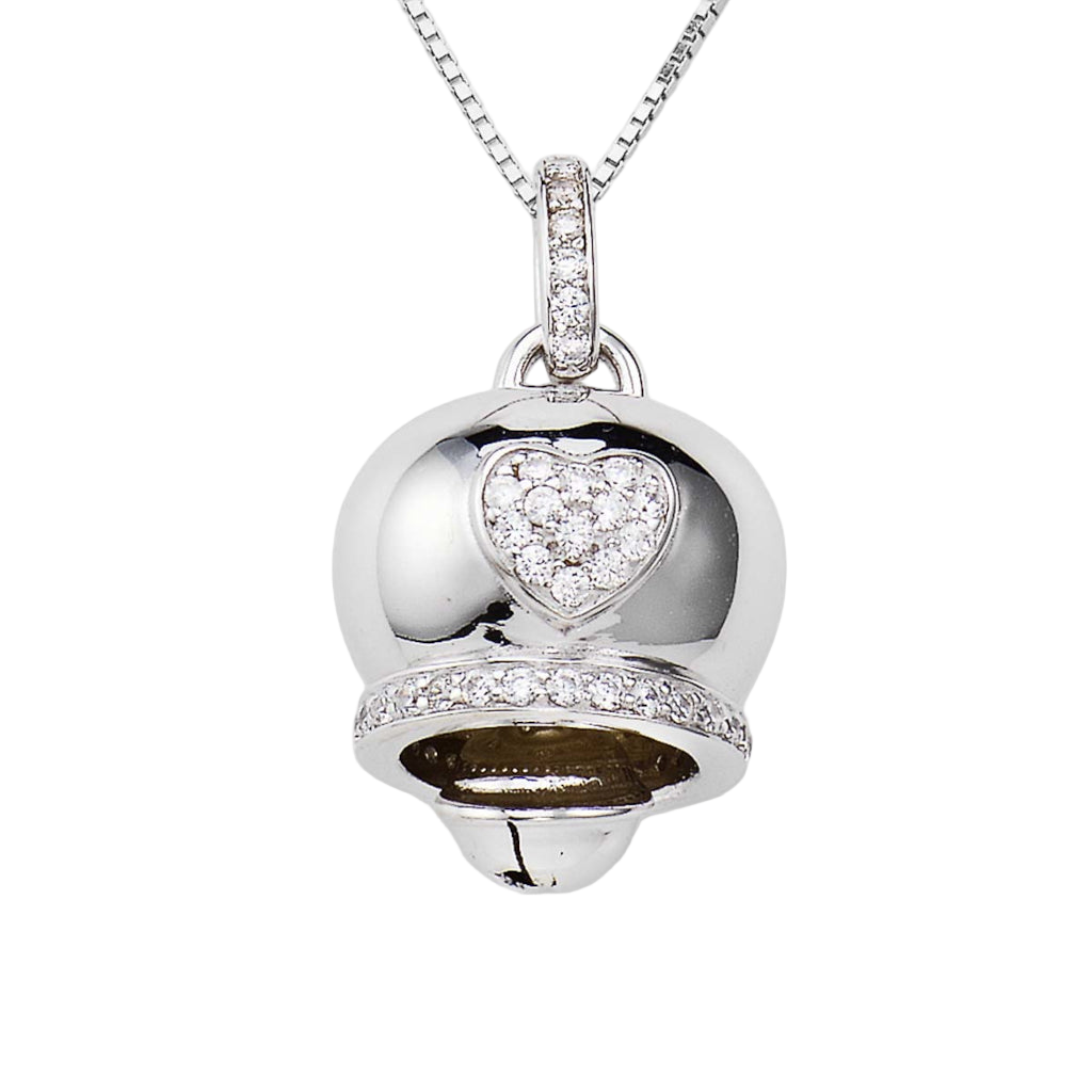 925 sterling silver bell-shaped pendant with pavé zirconia heart, halo stones, and diamond-studded bail on silver chain | 925纯银铃铛造型吊坠,心形密钉锆石与环绕锆石设计,配银色项链