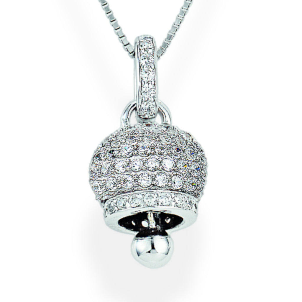 925 sterling silver bell pendant necklace with pavé-set zirconia stones and dangling sphere, polished Rose Gold or Silver finish | 925纯银铃铛吊坠项链,密镶锆石与悬挂小球设计,银色抛光处理