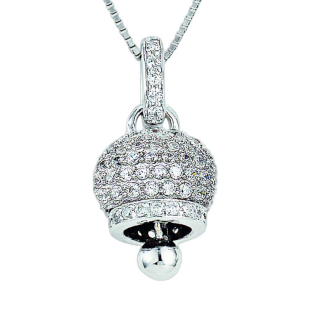925 sterling silver bell pendant necklace with pavé-set zirconia stones and dangling sphere, polished Rose Gold or Silver finish | 925纯银铃铛吊坠项链,密镶锆石与悬挂小球设计,银色抛光处理