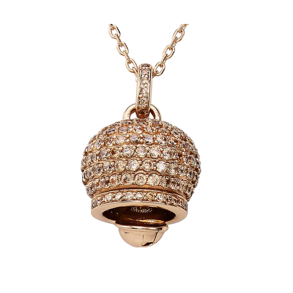 Rose gold bell-shaped pendant necklace made of 925 sterling silver, pavé-set zirconia stones, elegant link chain | 玫瑰金铃铛造型吊坠项链,925纯银材质,铺镶锆石,精致链条设计