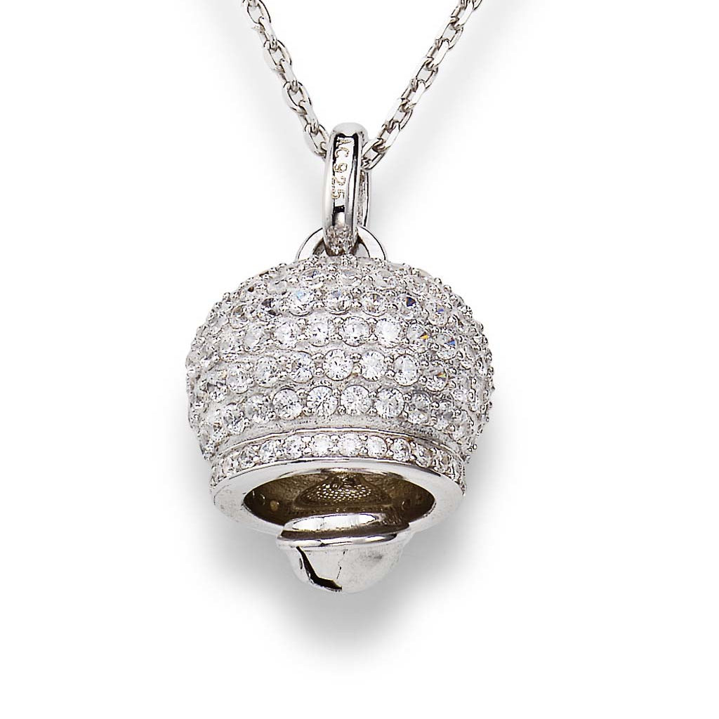 925 sterling silver bell pendant necklace with pavé-set zirconia stones and dangling sphere, polished Rose Gold or Silver finish | 925纯银铃铛吊坠项链,密镶锆石与悬挂小球设计,银色抛光处理