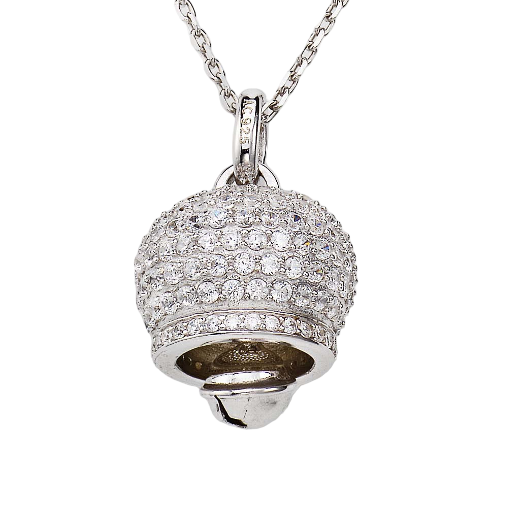 925 sterling silver bell pendant necklace with pavé-set zirconia stones and dangling sphere, polished Rose Gold or Silver finish | 925纯银铃铛吊坠项链,密镶锆石与悬挂小球设计,银色抛光处理