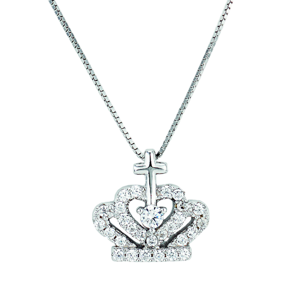 925 sterling silver crown pendant necklace with zirconia stones, heart-shaped center, cross detail, and thin chain | 925纯银皇冠吊坠项链,镶嵌锆石,主石与十字细节,搭配细链条