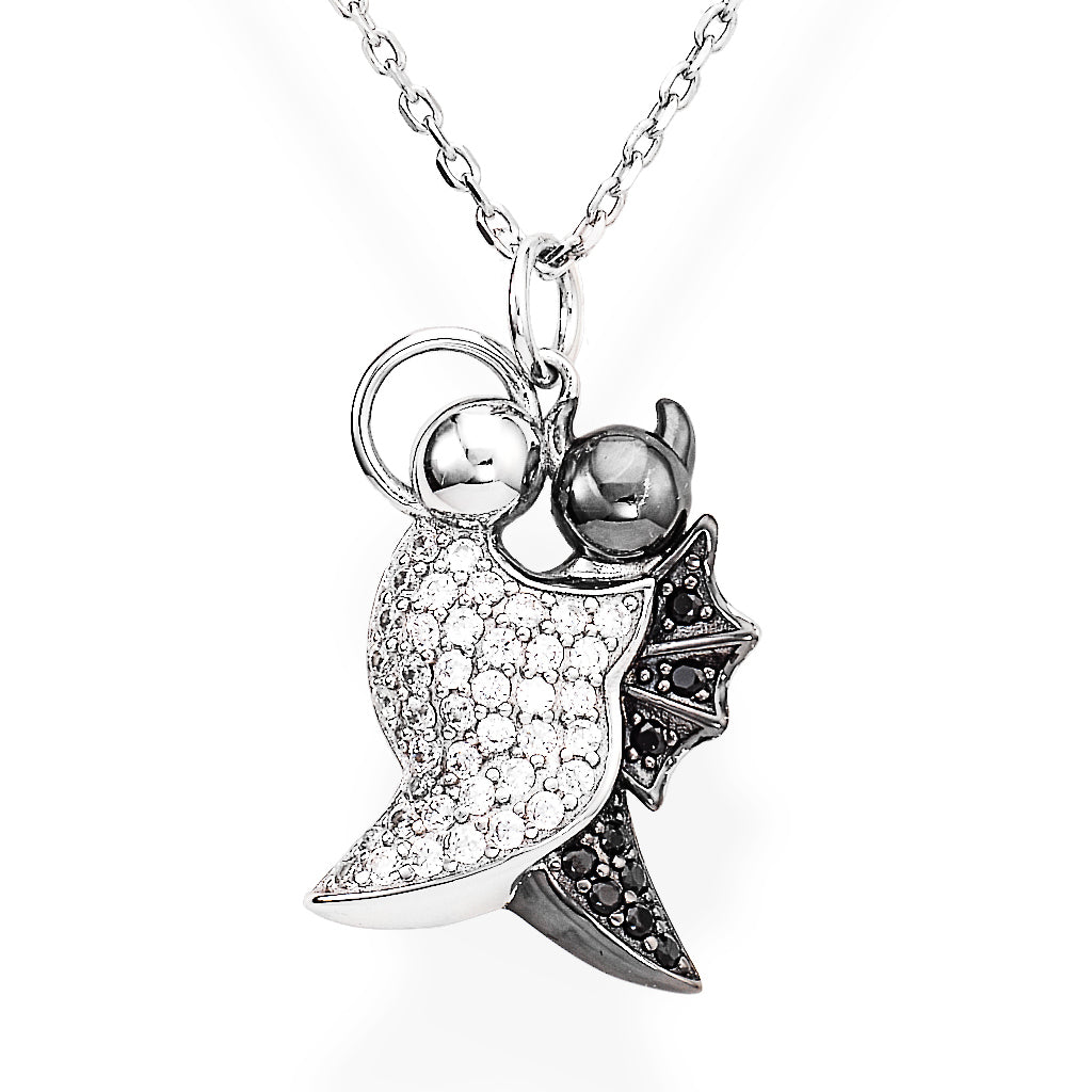 925 sterling silver intertwined pendant necklace with pavé-set zirconia and gunmetal contrast, abstract dual-figure design | 925纯银交织吊坠项链,密钉锆石与枪色对比,抽象双人设计