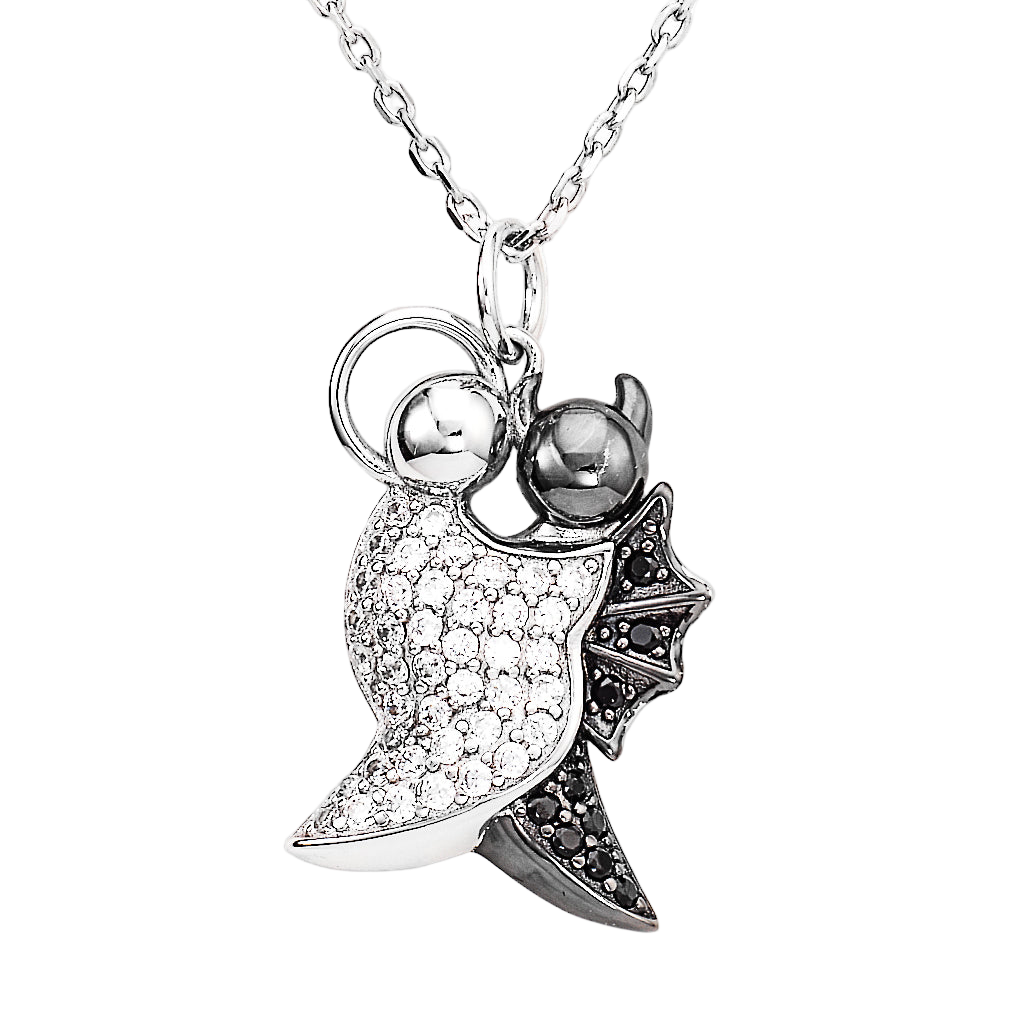 925 sterling silver intertwined pendant necklace with pavé-set zirconia and gunmetal contrast, abstract dual-figure design | 925纯银交织吊坠项链,密钉锆石与枪色对比,抽象双人设计