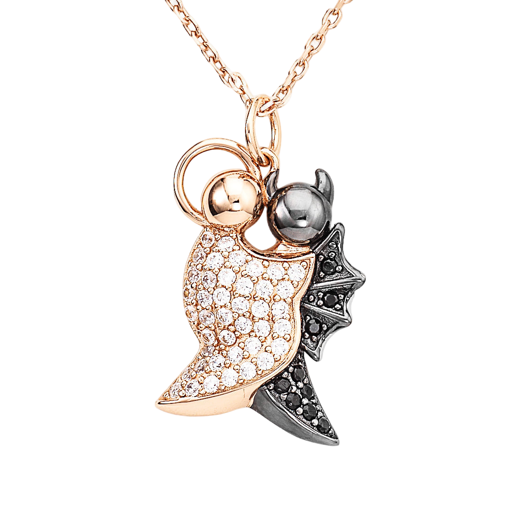 925 sterling silver angel and devil pendant with pavé-set white and black zirconia, gold and gunmetal plating, suspended on a delicate chain | 925纯银天使与恶魔吊坠,密钉镶嵌白色与黑色锆石,金色与枪色镀层,搭配精致链条