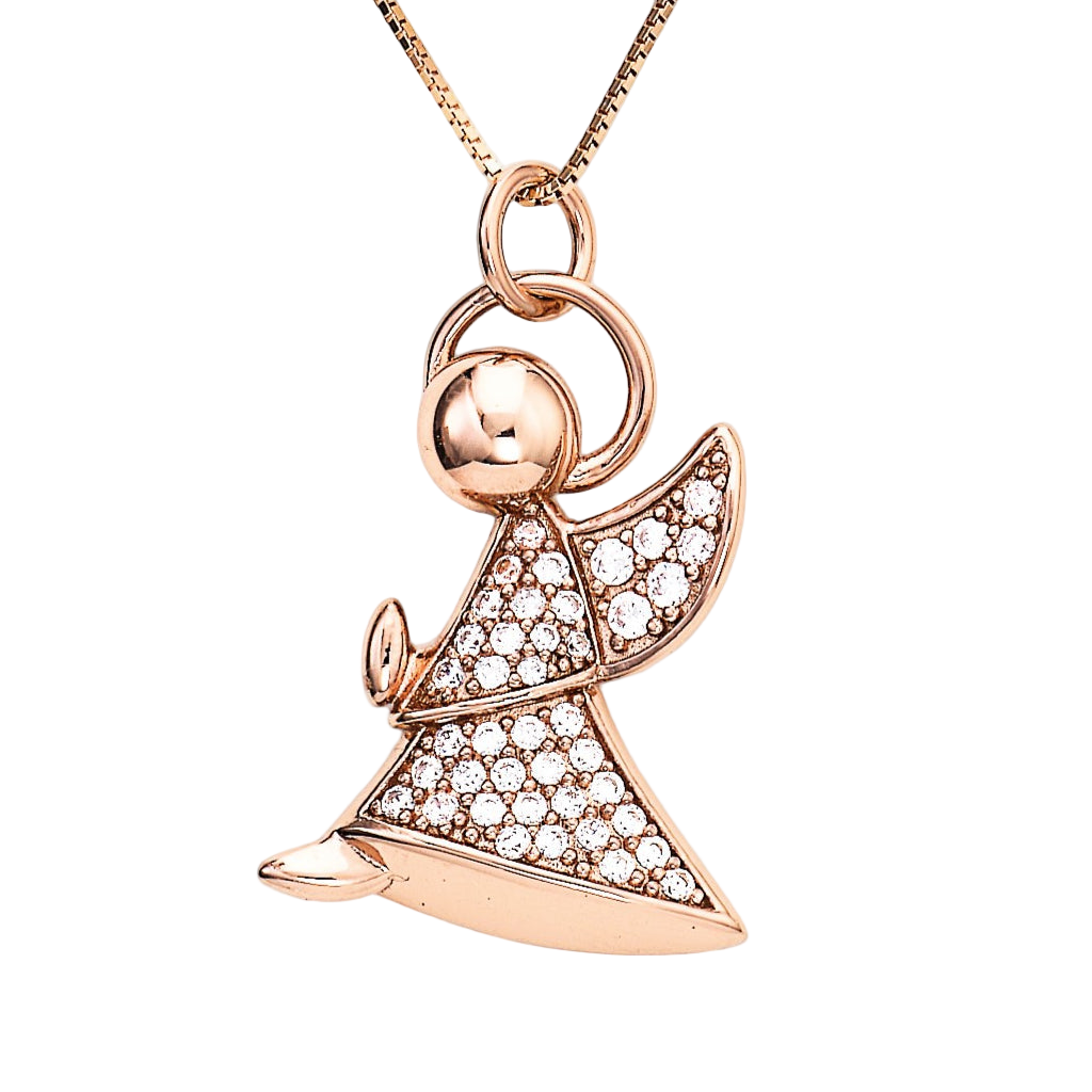 Rose gold 925 sterling silver angel pendant necklace with pavé-set zirconia stones, halo and wing details, elegant charm design | 玫瑰金925纯银天使吊坠项链,密钉镶嵌锆石,光环与翅膀设计,优雅魅力款式