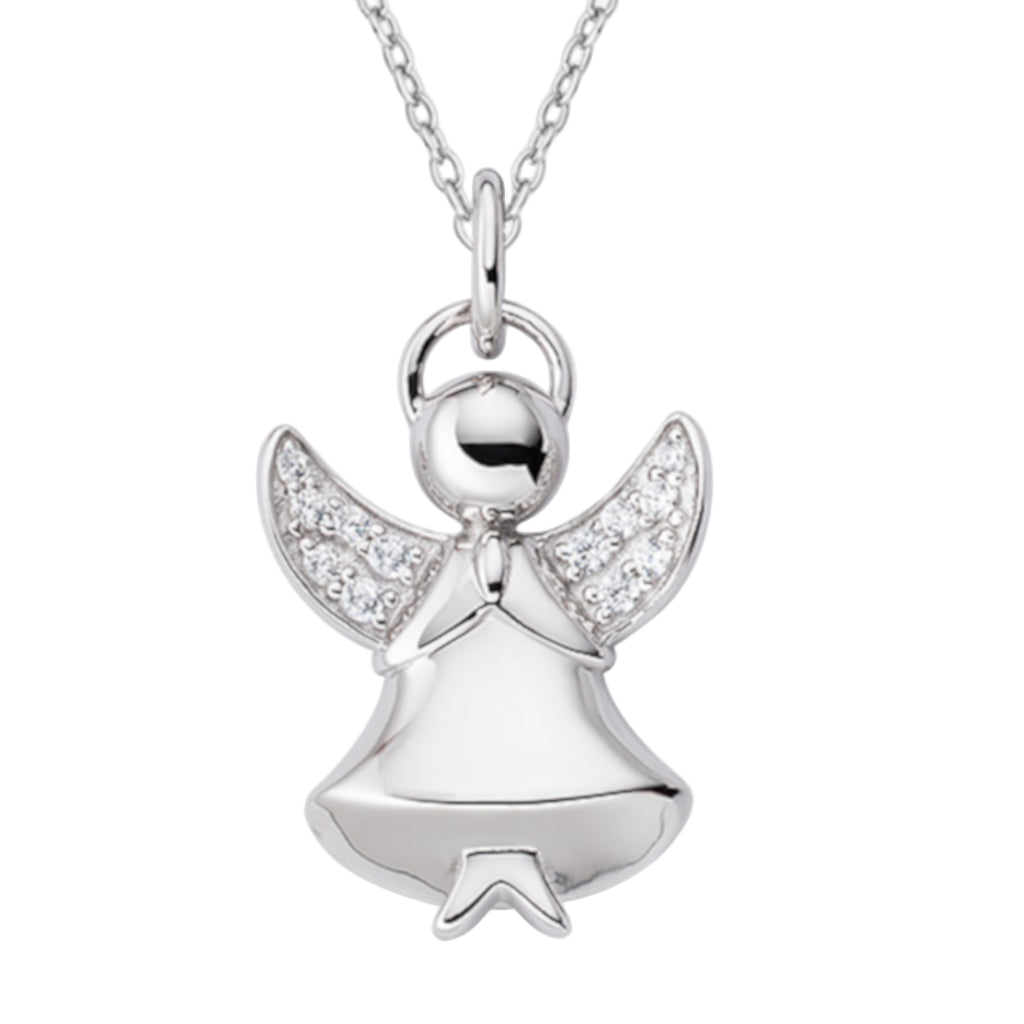 925 sterling silver angel pendant with zirconia pavé wings and prayer pose, delicate silver chain included | 925纯银天使吊坠,翅膀密钉镶嵌锆石,祈祷造型,配精致银链