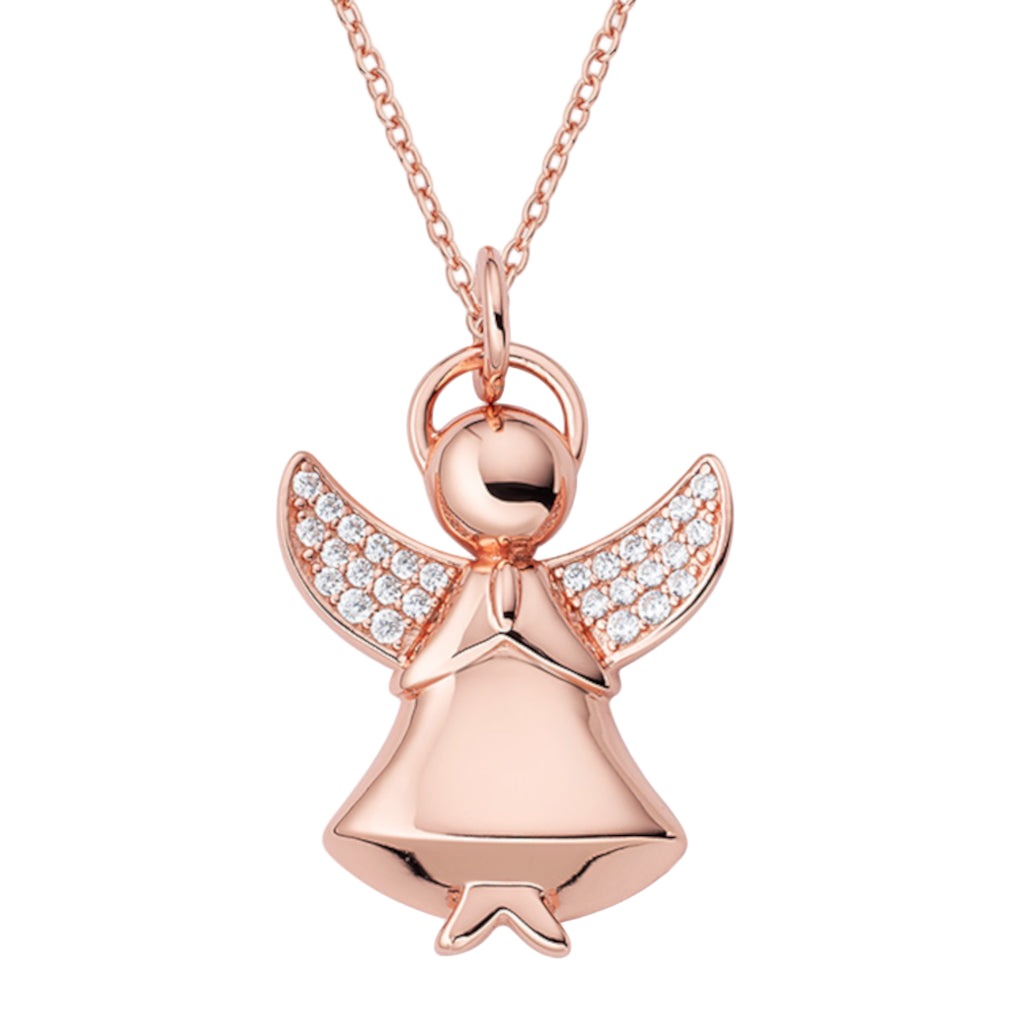 Rose gold angel pendant in 925 sterling silver with zirconia pavé wings and prayer pose, delicate chain included | 玫瑰金925纯银天使吊坠,翅膀密钉镶嵌锆石,祈祷造型,配精致项链