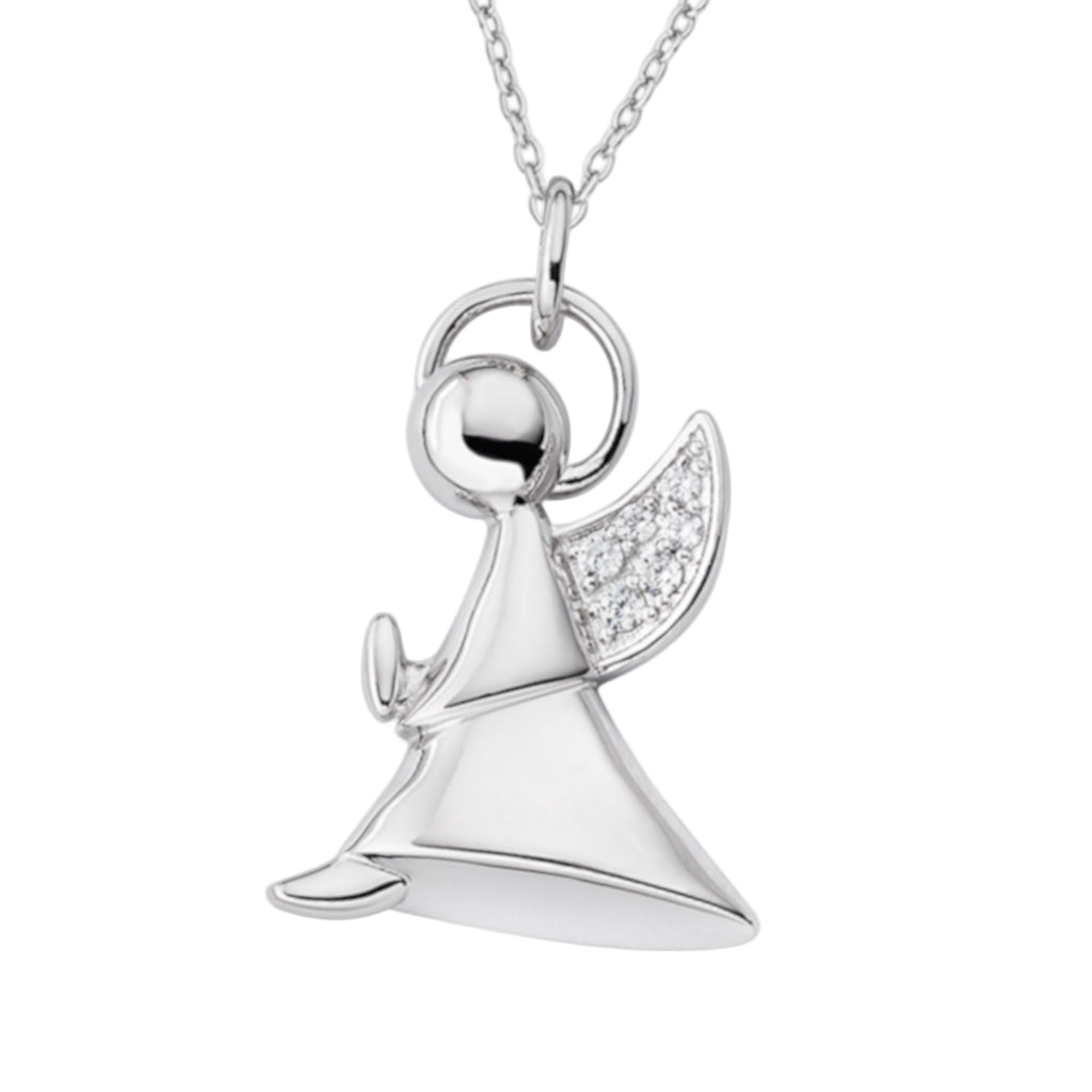 Angel-shaped 925 sterling silver pendant with zirconia pavé wings, halo detail, and fine silver chain | 天使造型925纯银吊坠,翅膀密钉锆石镶嵌,光环设计,搭配精致银链