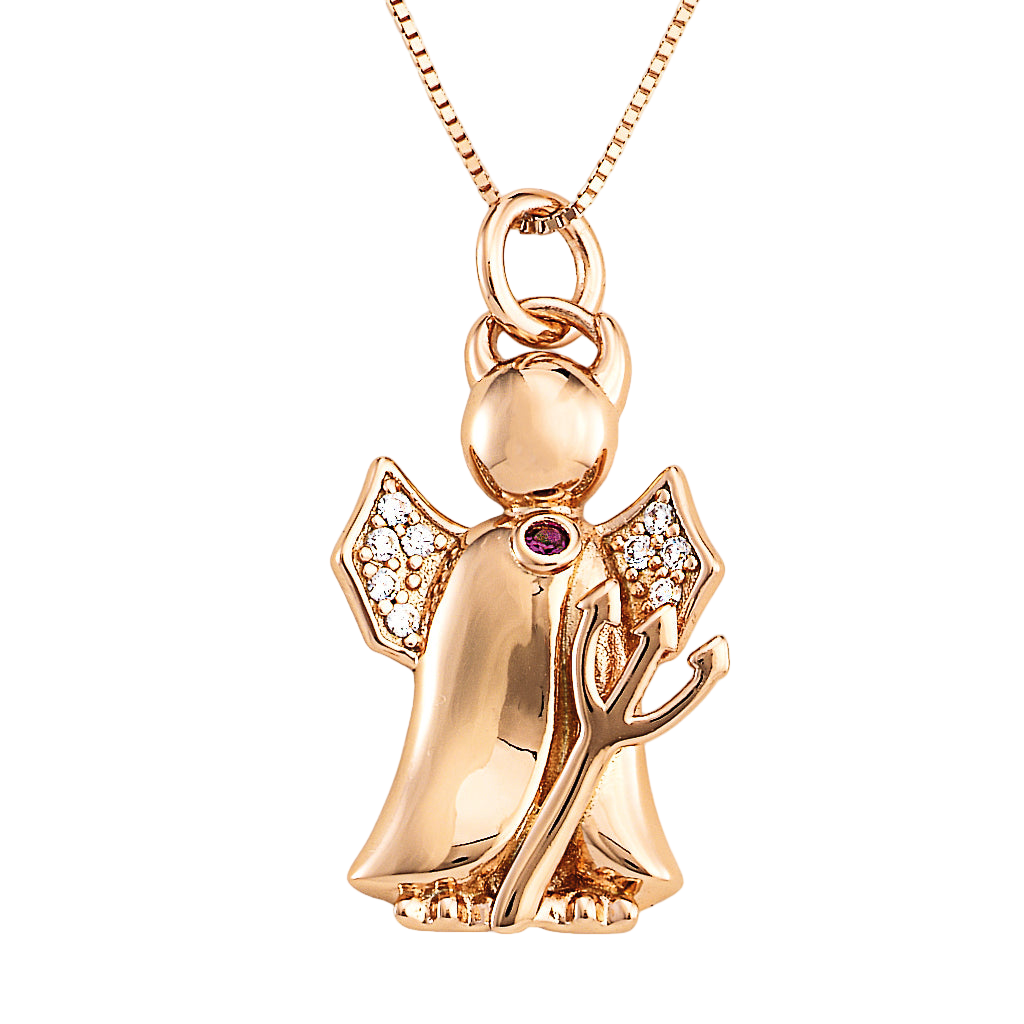 Gold-toned 925 sterling silver angel pendant with pavé zirconia wings, purple gemstone, and trident detail on fine gold chain | 金色925纯银天使吊坠,翅膀密钉锆石镶嵌,胸前紫色锆石,三叉戟设计,搭配精致金链