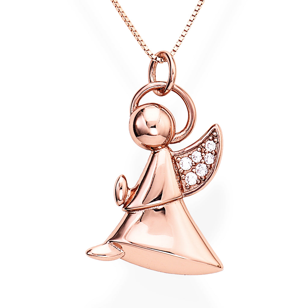 Rose gold 925 sterling silver angel pendant with zirconia wings and halo on a delicate chain | 玫瑰金925纯银天使吊坠,镶嵌锆石翅膀与光环,搭配精致链条