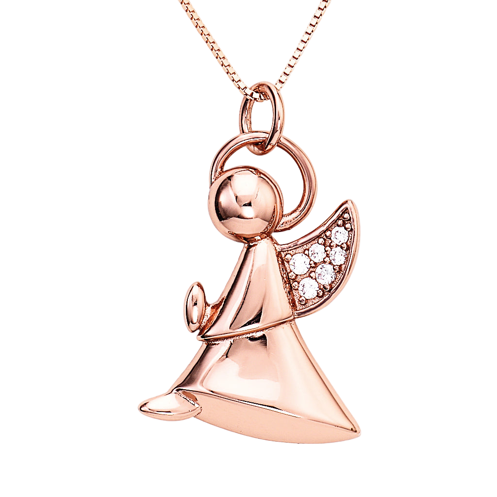 Rose gold 925 sterling silver angel pendant with zirconia wings and halo on a delicate chain | 玫瑰金925纯银天使吊坠,镶嵌锆石翅膀与光环,搭配精致链条