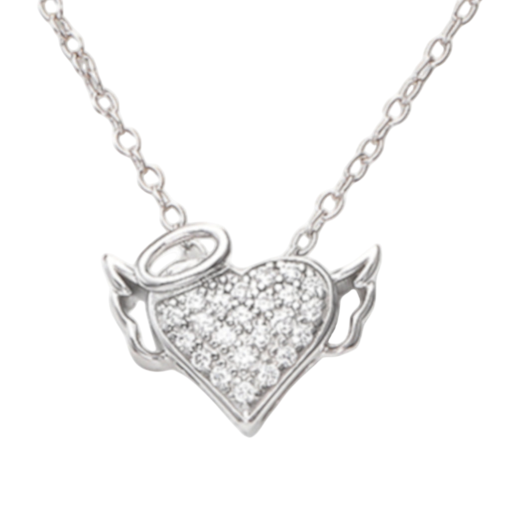 925 sterling silver heart pendant with zirconia stones, angel wings and halo design, prong setting, elegant silver necklace for gifting or daily wear | 925纯银心形吊坠,镶嵌锆石,天使羽翼与光环设计,爪镶工艺,优雅银项链适合送礼或日常佩戴