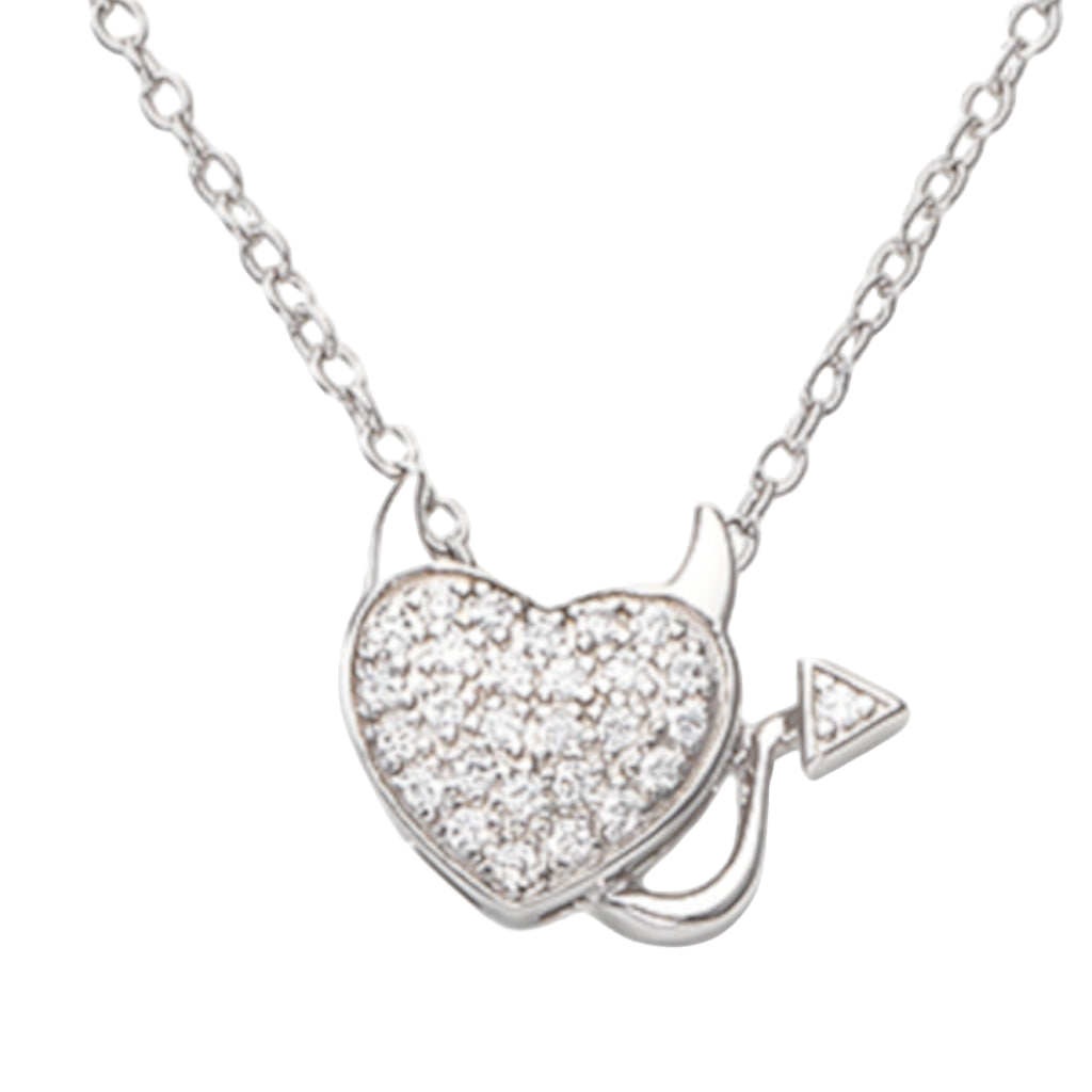 925 sterling silver heart pendant necklace with zirconia stones, rose gold finish, devil-inspired horns and tail design, pavé setting, elegant and playful style | 925纯银心形吊坠项链,玫瑰金色,镶嵌锆石,恶魔造型,密钉镶嵌,优雅俏皮风格