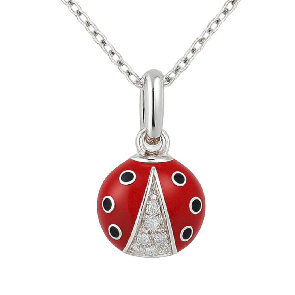 Ladybug pendant necklace in 925 sterling silver with red and black enamel, pavé-set zirconia center, 10mm motif on silver chain | 925纯银瓢虫吊坠项链,红黑珐琅装饰,中间铺排镶嵌锆石,吊坠尺寸10毫米,银链搭配