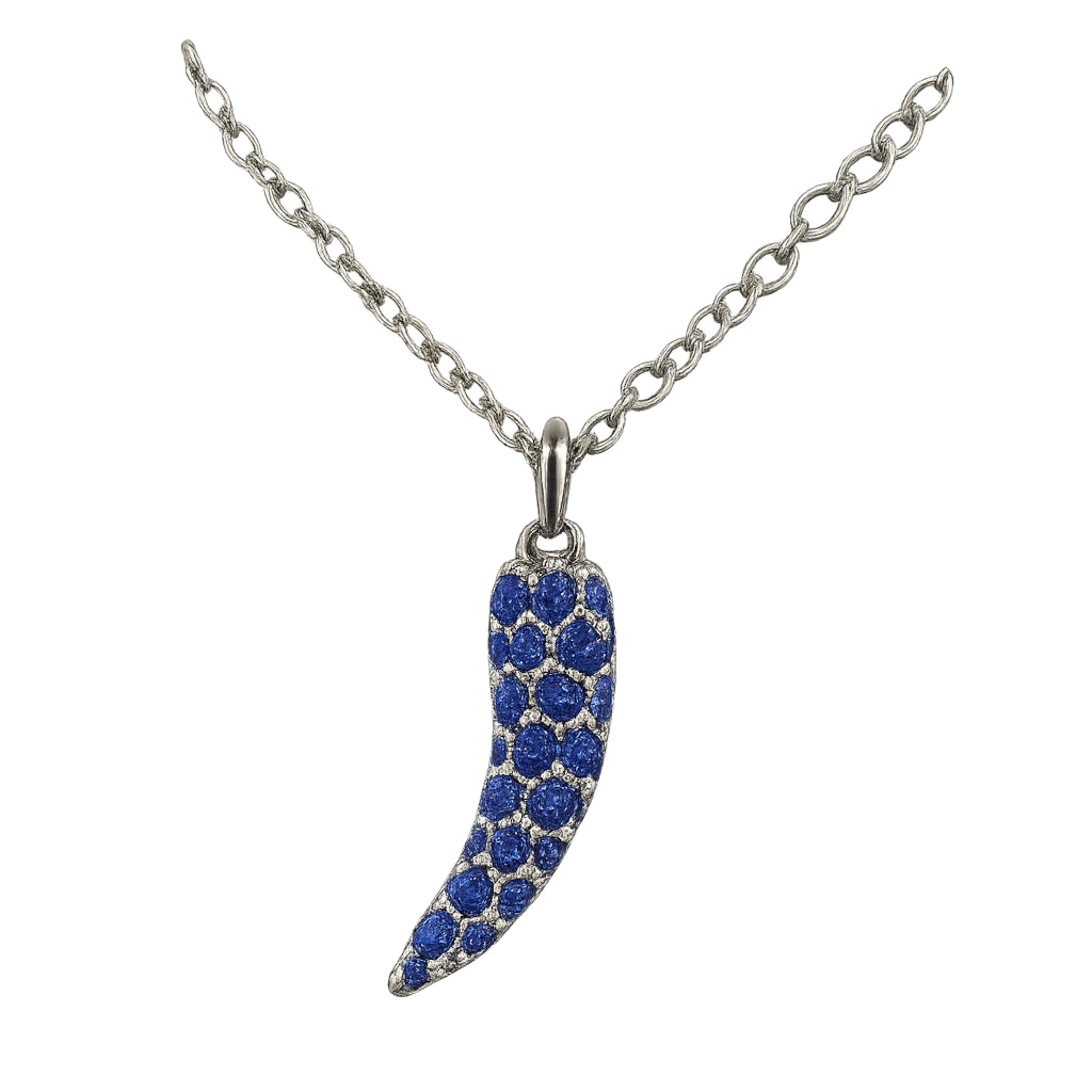 925 sterling silver horn pendant with blue zirconia pavé setting, polished finish, 16mm x 3.9mm motif on link chain | 925纯银牛角吊坠项链,蓝色锆石密钉镶嵌,抛光处理,吊坠尺寸16毫米 × 3.9毫米