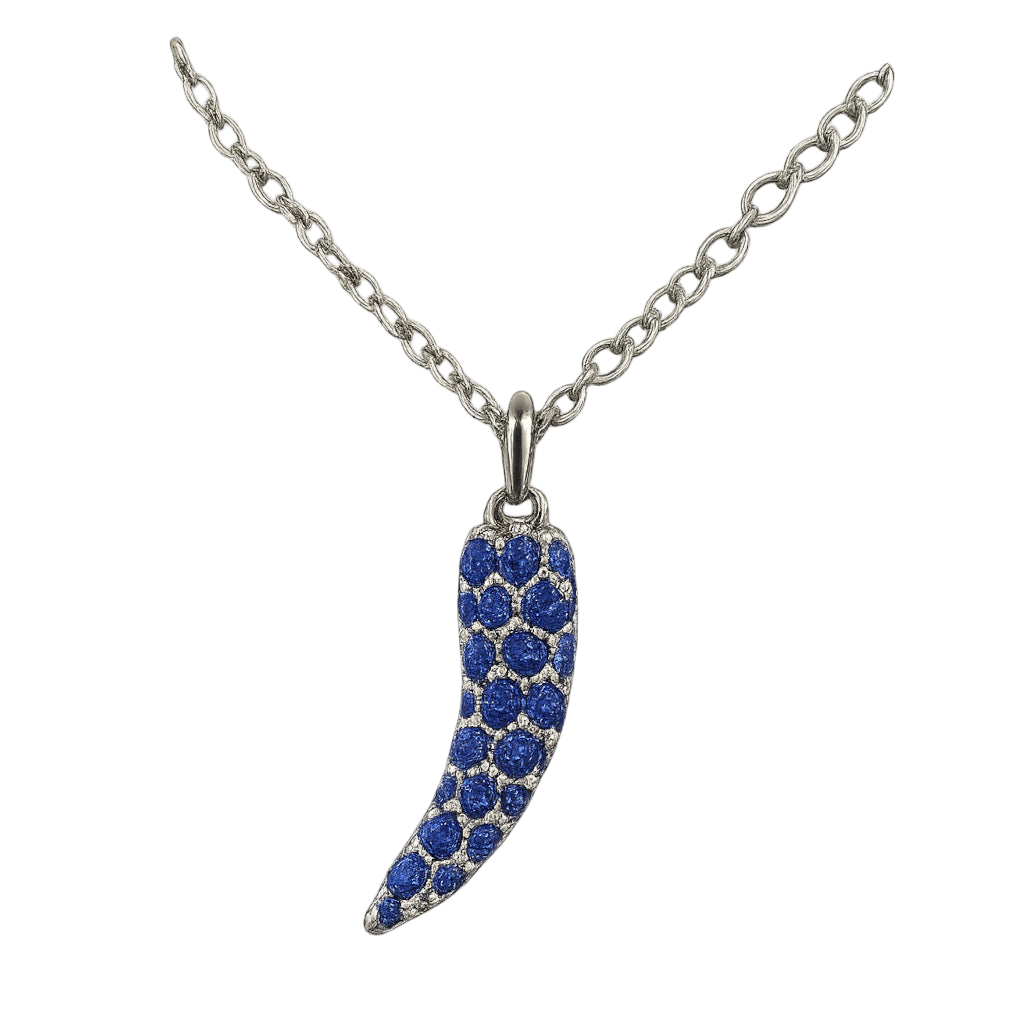925 sterling silver pendant necklace with pavé-set blue zirconia stones in a curved Napoli pepper shape, polished finish, elegant and symbolic design 925纯银项链,密钉镶嵌蓝色锆石,意大利辣椒造型,抛光处理,优雅寓意设计