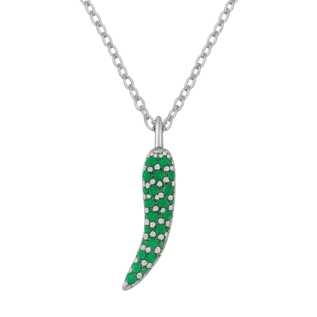 925 sterling silver chili pendant necklace with green and white zirconia in pavé setting, elegant silver chain | 925纯银辣椒造型吊坠项链,绿色锆石密钉镶嵌,搭配精致银链条