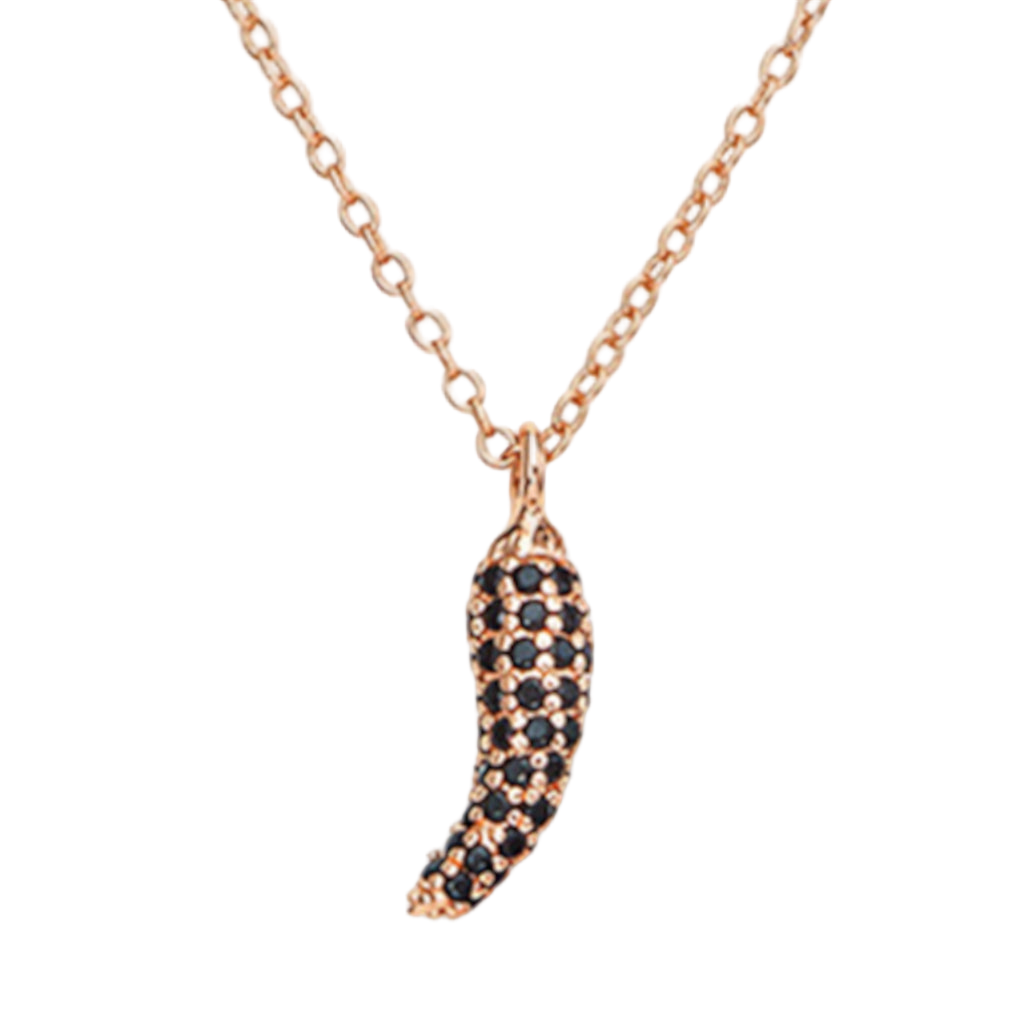 925 sterling silver rose gold horn pendant necklace with black zirconia pavé setting, elegant curved design | 925纯银玫瑰金弯角吊坠项链,镶嵌黑色锆石,造型优雅曲线设计