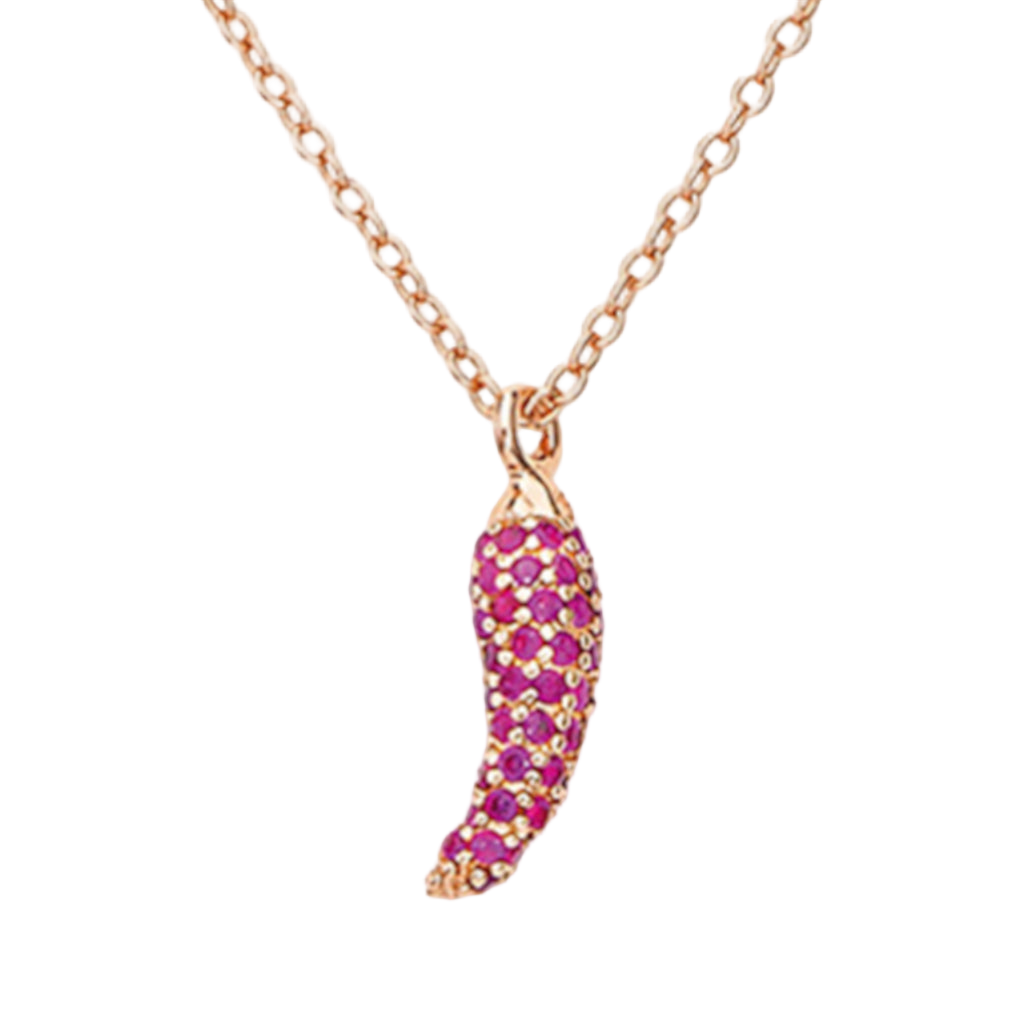 Rose gold 925 sterling silver chili pepper pendant necklace with pink zirconia pavé setting, elegant and playful design | 玫瑰金925纯银辣椒吊坠项链,镶嵌粉色锆石,设计优雅俏皮