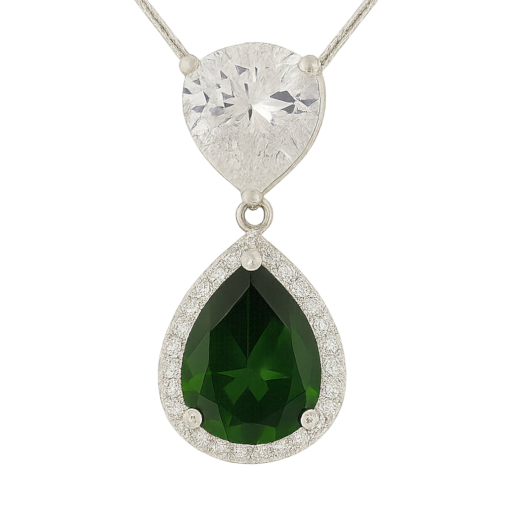 925 sterling silver necklace with pear-cut green zirconia in halo setting and clear zirconia accent | 925纯银项链,梨形绿色锆石微镶设计,配清澈锆石点缀