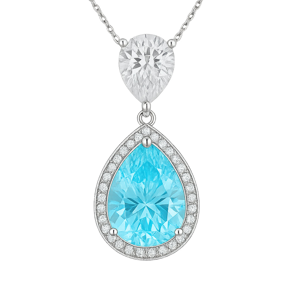 925 sterling silver necklace with blue and clear pear-shaped zirconia stones in halo setting, polished finish, elegant pendant design for gifting or formal wear | 925纯银项链,蓝色与清澈梨形锆石微镶吊坠设计,抛光表面,适合送礼或正式场合佩戴