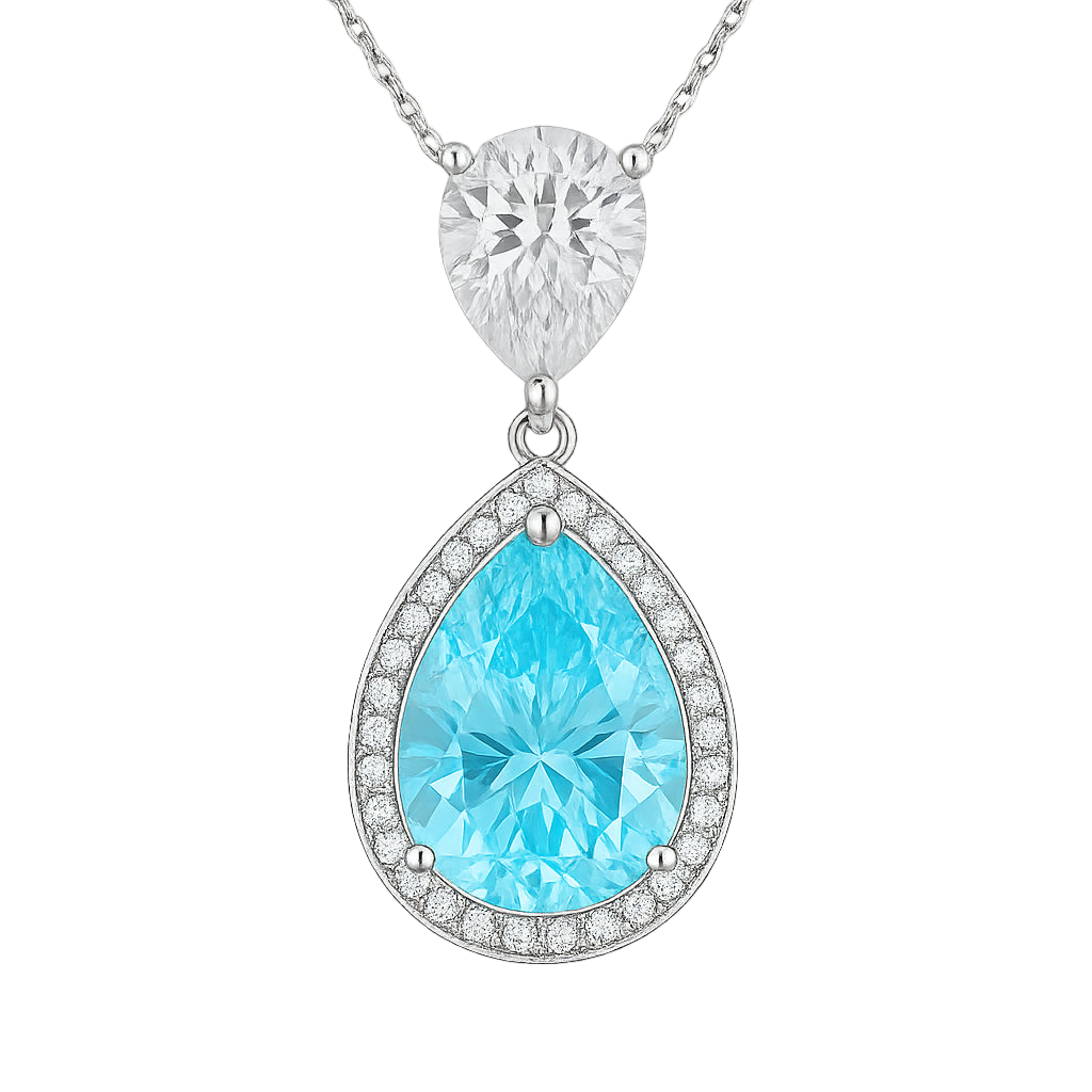 925 sterling silver necklace with blue and clear pear-shaped zirconia stones in halo setting, polished finish, elegant pendant design for gifting or formal wear | 925纯银项链,蓝色与清澈梨形锆石微镶吊坠设计,抛光表面,适合送礼或正式场合佩戴