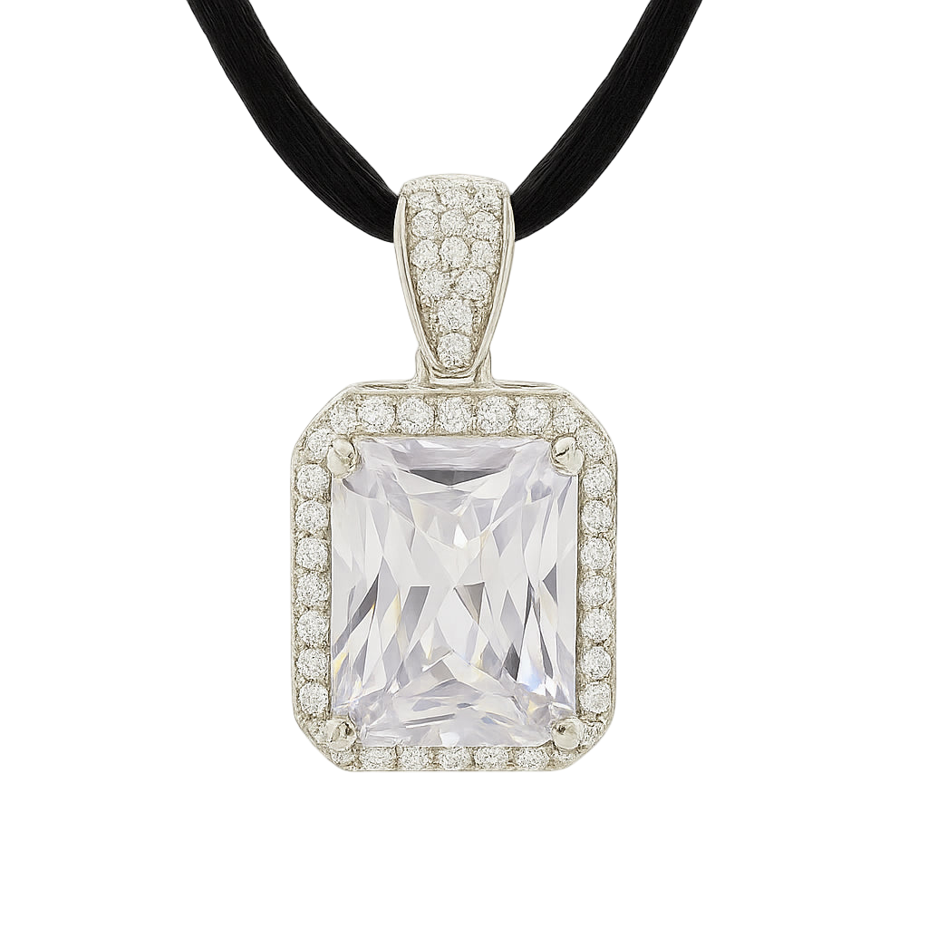 925 sterling silver pendant with rectangular zirconia center and pavé-set round zirconia accents on bail, attached to black cord necklace | 925纯银吊坠,长方形锆石主石,镶嵌圆形锆石,搭配黑色绳链