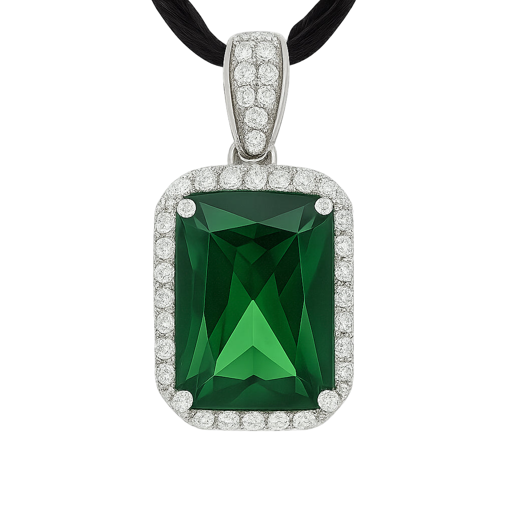 925 sterling silver pendant with 25.5mm green zirconia center and pavé white zirconia halo, set on a black chain | 925纯银吊坠,25.5毫米绿色锆石主石配密钉白色锆石光环,搭配黑色链条