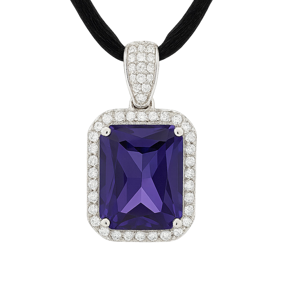 925 sterling silver pendant with deep purple zirconia center, pavé-set round zirconia border, black cord necklace, elegant rectangular design | 925纯银吊坠,深紫色锆石主石,密镶圆形锆石边框,黑色绳链,优雅矩形设计